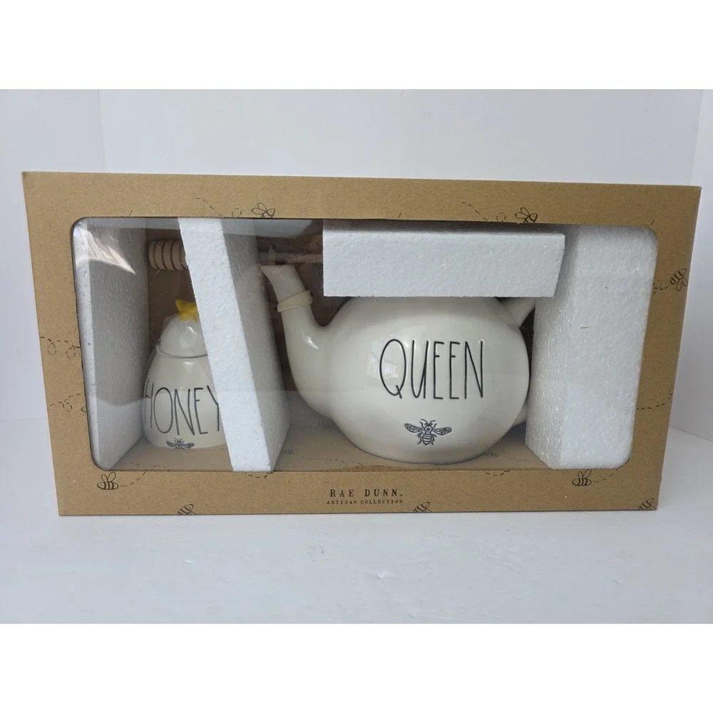 Rae Dunn Honey Pot & Queen Bee Teapot Set Ceramic Gift Set